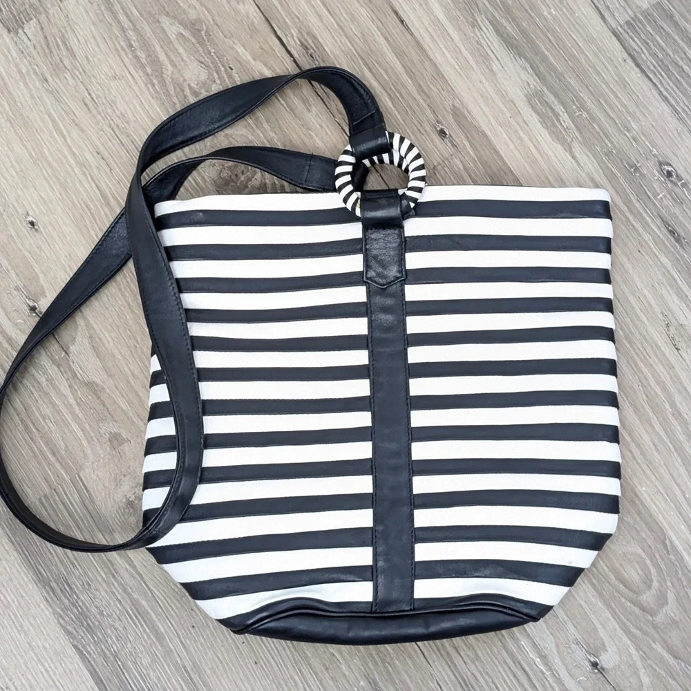 I. Magnin Vintage Black White Striped Leather Shoulder Bag Made in Italy